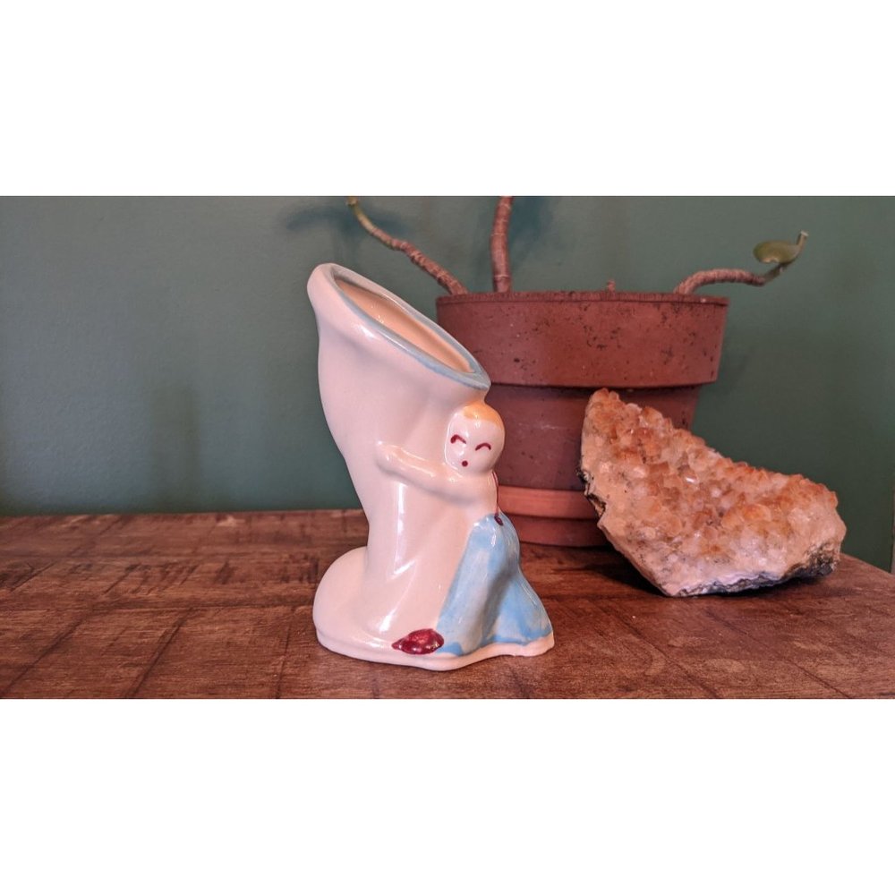 Vintage Ceramic Boy in Overalls Bud Vase - USA